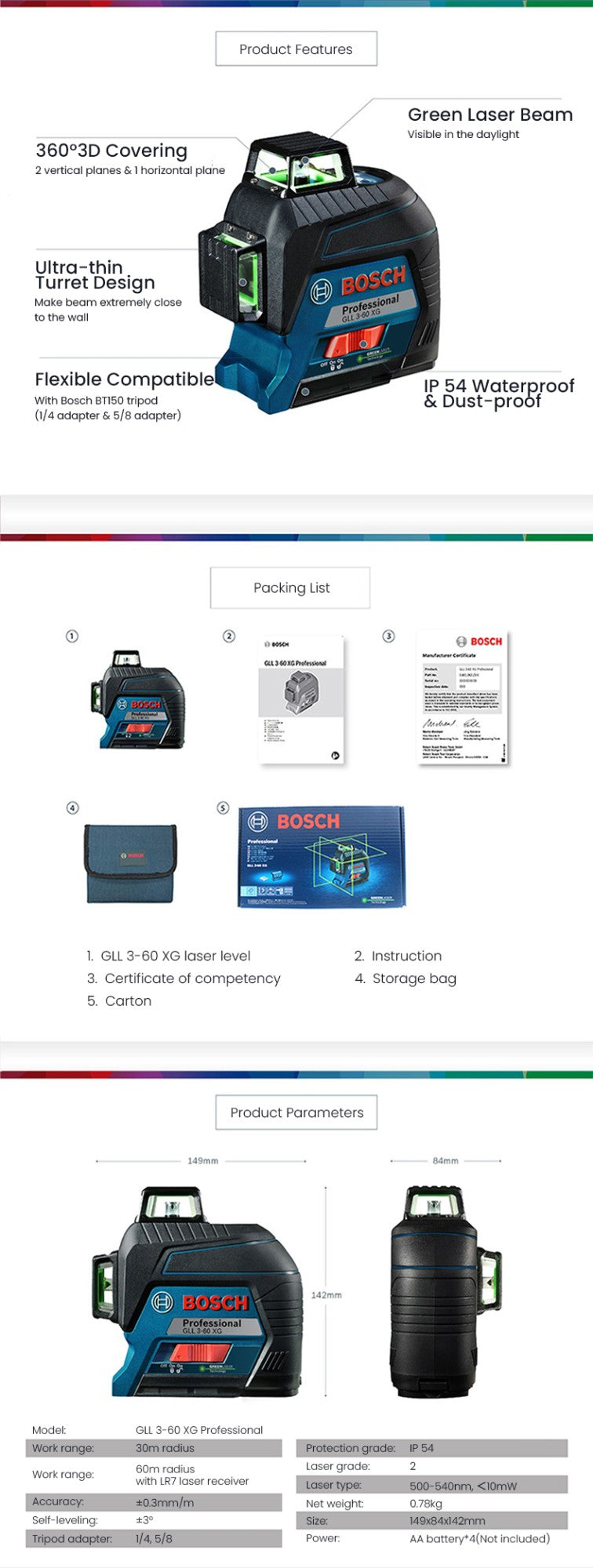 Nível a Laser Bosch GLL 3-60 XG 12 Linhas Verde Nível 3D Autonivelante 360 Horizontal e Vertical Cruz 30m Ferramenta de Medição Potente