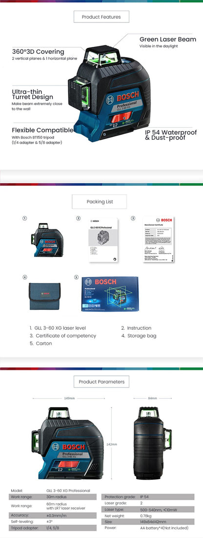 Nível a Laser Bosch GLL 3-60 XG 12 Linhas Verde Nível 3D Autonivelante 360 Horizontal e Vertical Cruz 30m Ferramenta de Medição Potente