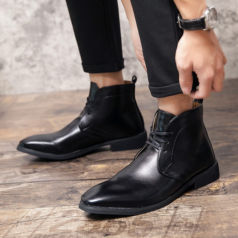 New Men Business Ankle Boots PU High Cut Short Tube Lace Up Business Brand Chelsea Boots European Style Size 38-48 Men Boots