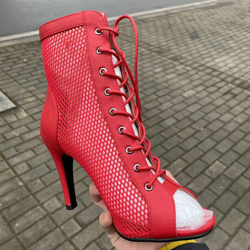 Novas Sandálias Femininas de Salto Alto Sexy Vazadas em Tela Tendência da Moda Verão Conforto Peep Toe Botas Stilettos Jazz Dance Tamanhos Grandes