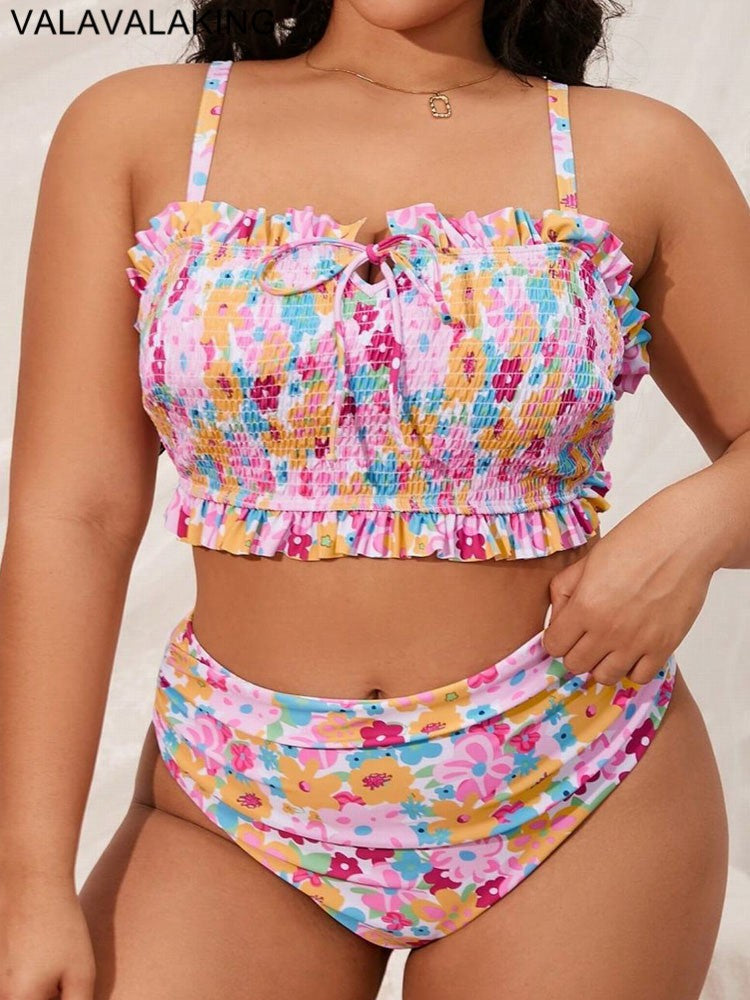 2025 Print 2 Piece Plus Size Bikini Women Verge Strapped Large Swimsuit High Waist Lady Swimwear Beach Chubby Curvy Bathing Suit