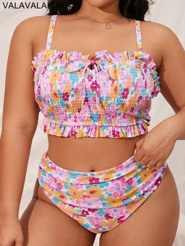 2025 Print 2 Piece Plus Size Bikini Women Verge Strapped Large Swimsuit High Waist Lady Swimwear Beach Chubby Curvy Bathing Suit