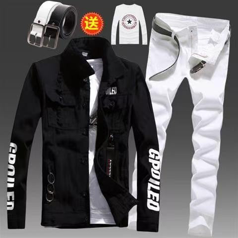Men's Slim Fit Denim Jacket Pants 2pcs Set Long Sleeve Coats Letters Printed Casual Large Size Black White Red Boys Trousers