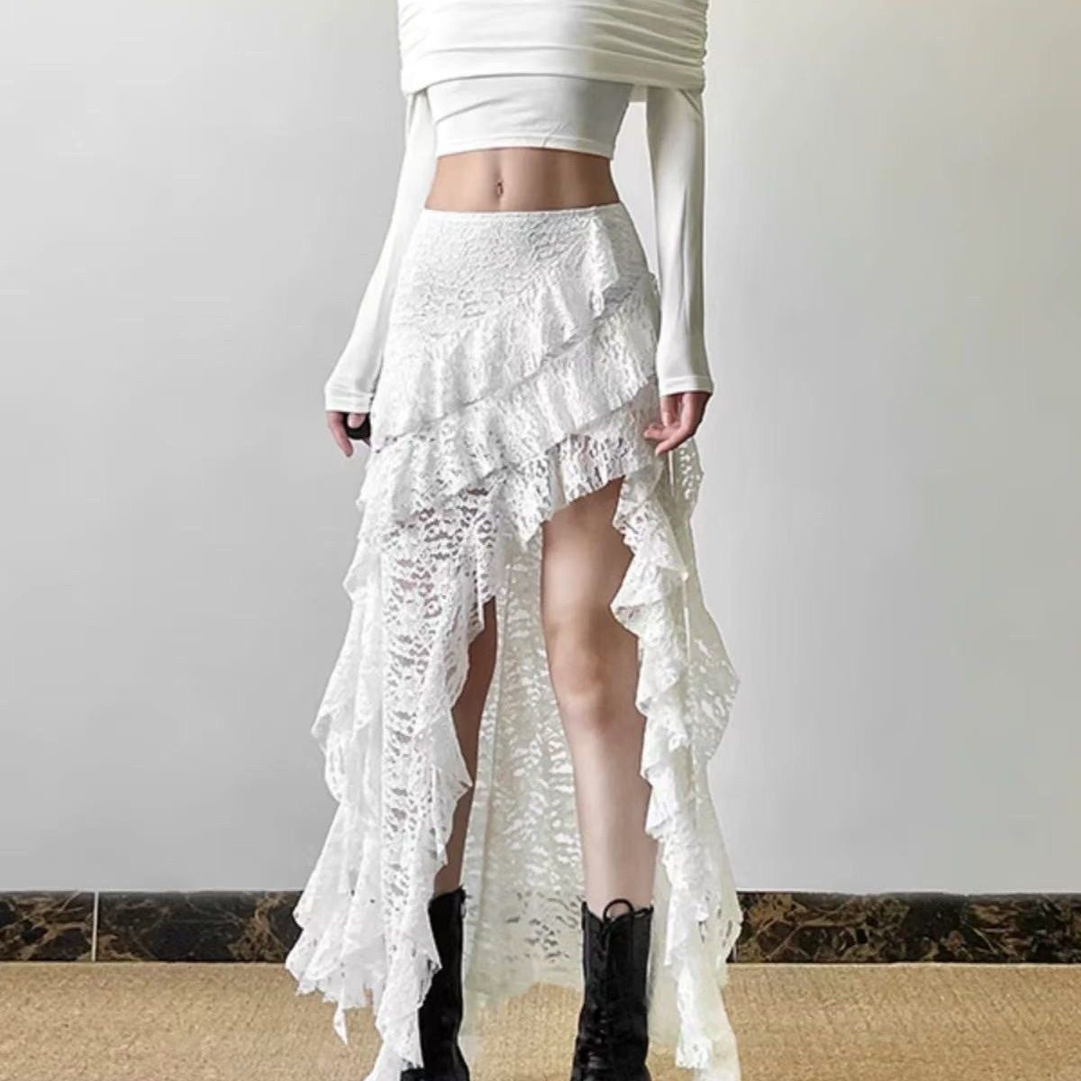 Sexy High Waist Lace Ruffles Skirts Women 2025 Spring Irregular Y2k Skirts Women Fashion Black Patchwork Party Clubwear Gothic