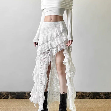 Sexy High Waist Lace Ruffles Skirts Women 2025 Spring Irregular Y2k Skirts Women Fashion Black Patchwork Party Clubwear Gothic