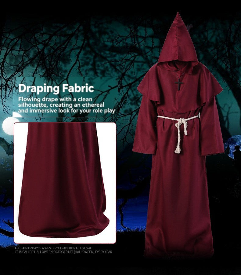 Medieval Hooded Monk Friar Priest Wizard Long Robe Unisex Adult Loose Stage Outfit For Masquerade Theme Party Halloween Cosplay