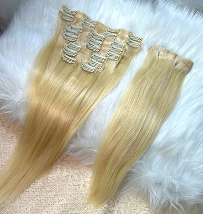 Extensões de Cabelo Humano Remy Brasileiro Natural Loiro 613 de 40 a 76 cm com Presilhas 100% Cabelo Humano Real 9 Peças/Conjunto