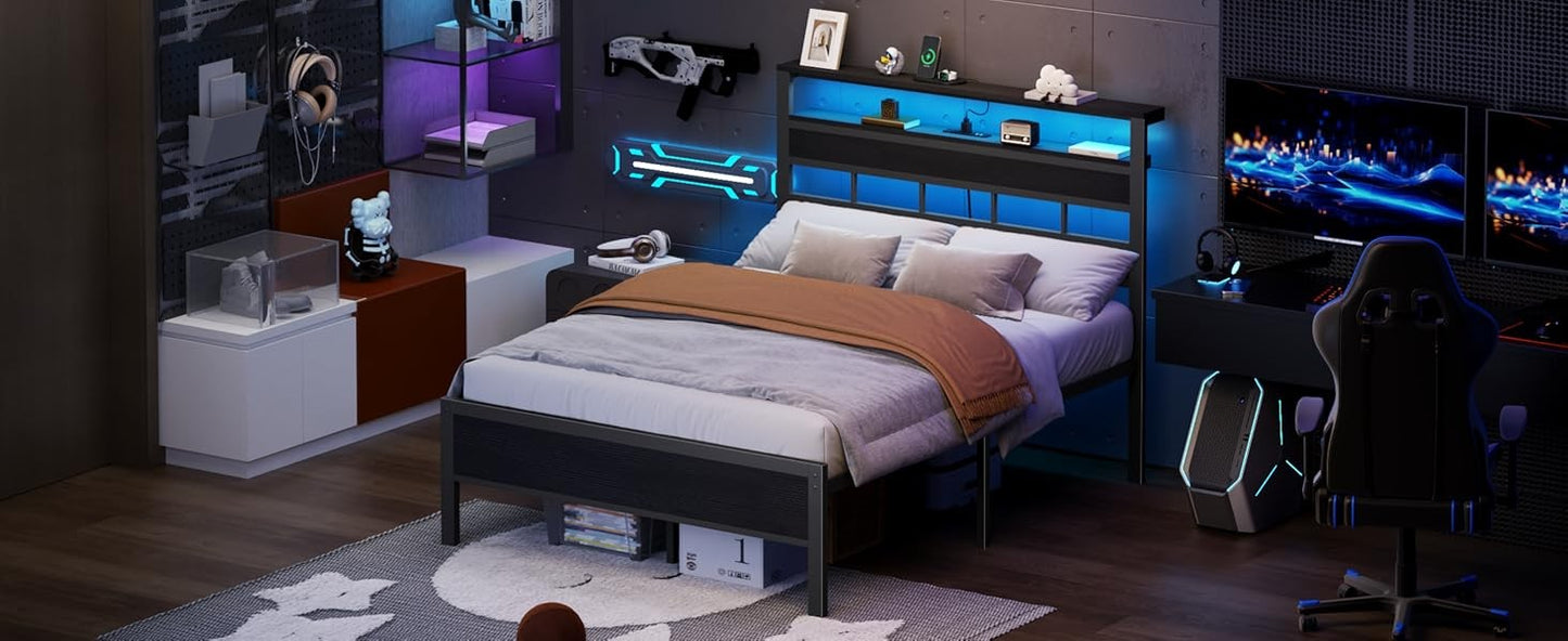 Sleek Full Size Bed Frame with Glowing LED Lights & USB Charging Station | Modern Storage Headboard