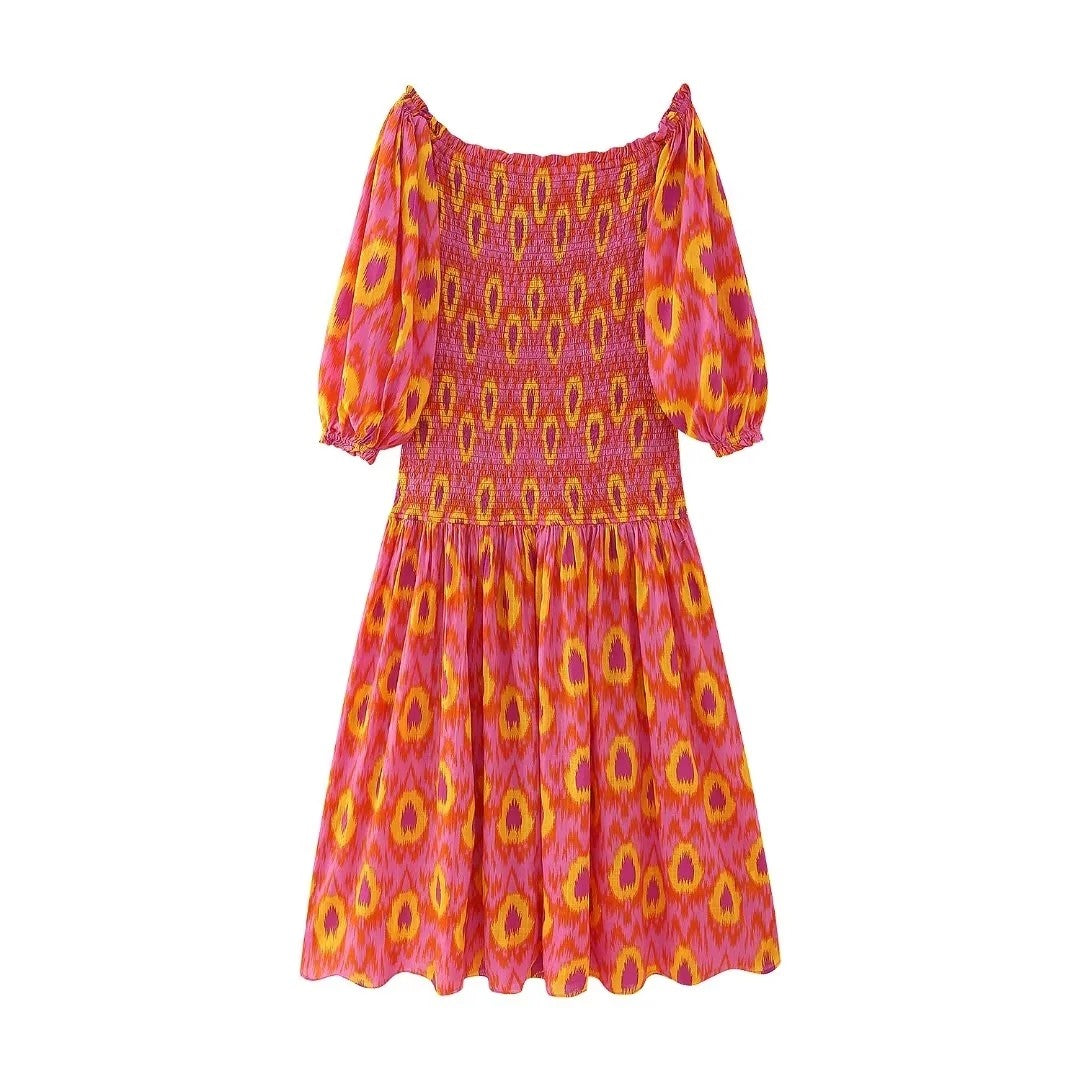Women Summer Party Holiday Lady Streetwears Print Ruffle Pleated Long Dress Fash