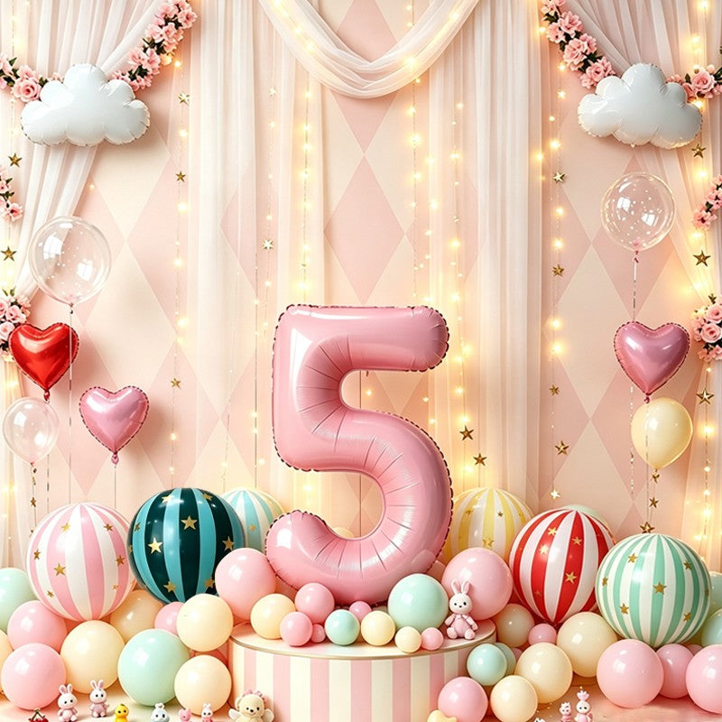 Pink 32 inch Digital 4D Striped Star Foil balloon Set, Ribbon Suitable for Birthday Parties, Showers, Anniversaries, Christmas