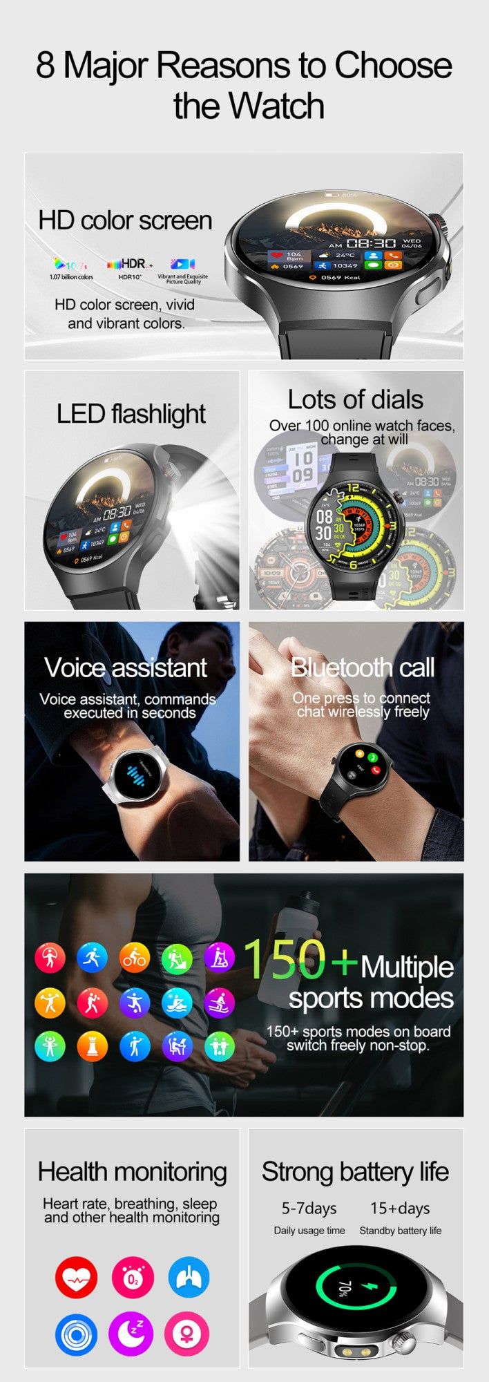 New Smart Watch Men Full Touch Screen Compass Bluetooth Call Flashlight Sports Activity Fitness Heart Rate Waterproof Smartwatch