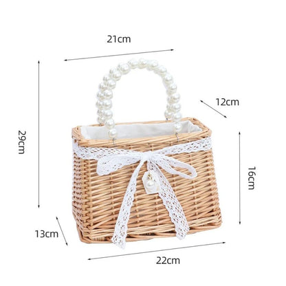 Straw Tote Hand Bags Summer Pearl Handle Handmade Knitted Handbag Storage Rattan Weaving Basket Shoulder Bag Women Girls