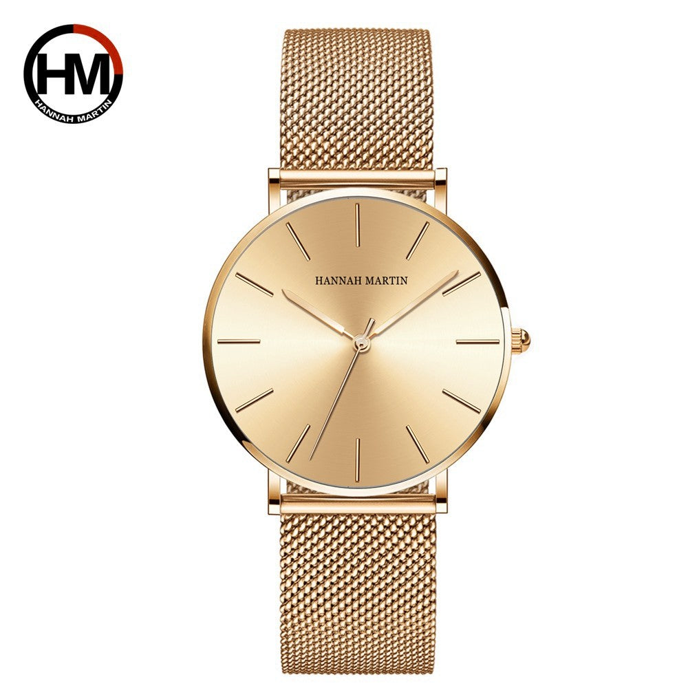 Hannah Martin Women Watch Japan Quartz Movement Simple Waterproof Rose Gold Stainless Steel Mesh Ladies watch relogio feminino