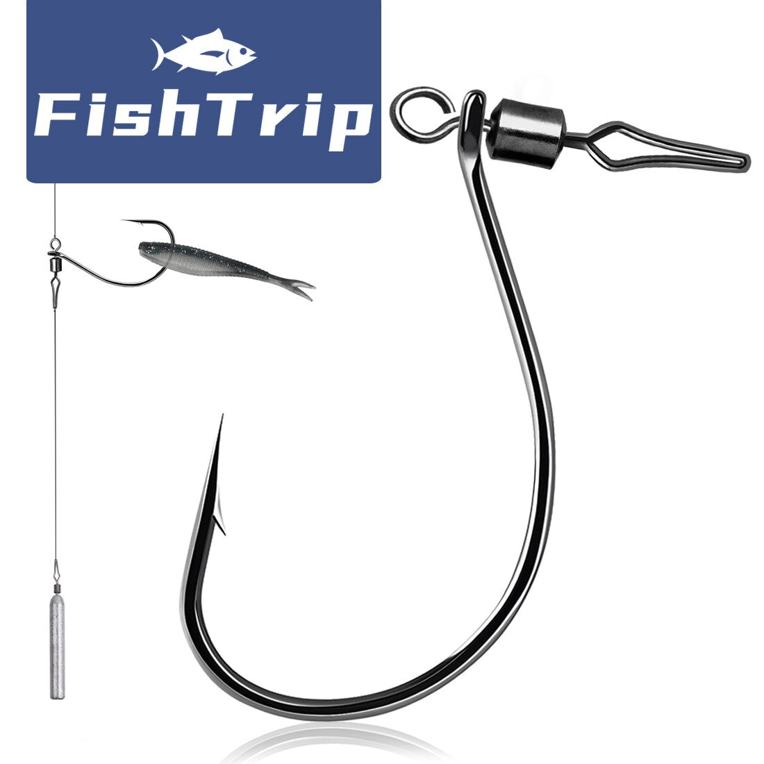 Anzol FishTrip Drop Shot com Girador Barrel e Snap 30 peças, Anzol Giratório In-line DropShot, Isca Macia, Anzol de Minhoca para Carpa e Robalo