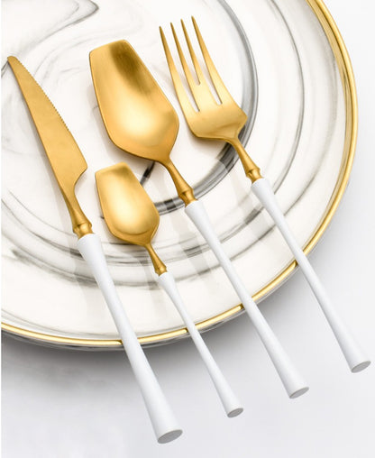 Conjunto de Talheres 24 Peças Aço Inox Fosco Preto Dourado Jogo de Talheres de Mesa Faca Colher Garfo Lavável em Lava-louças