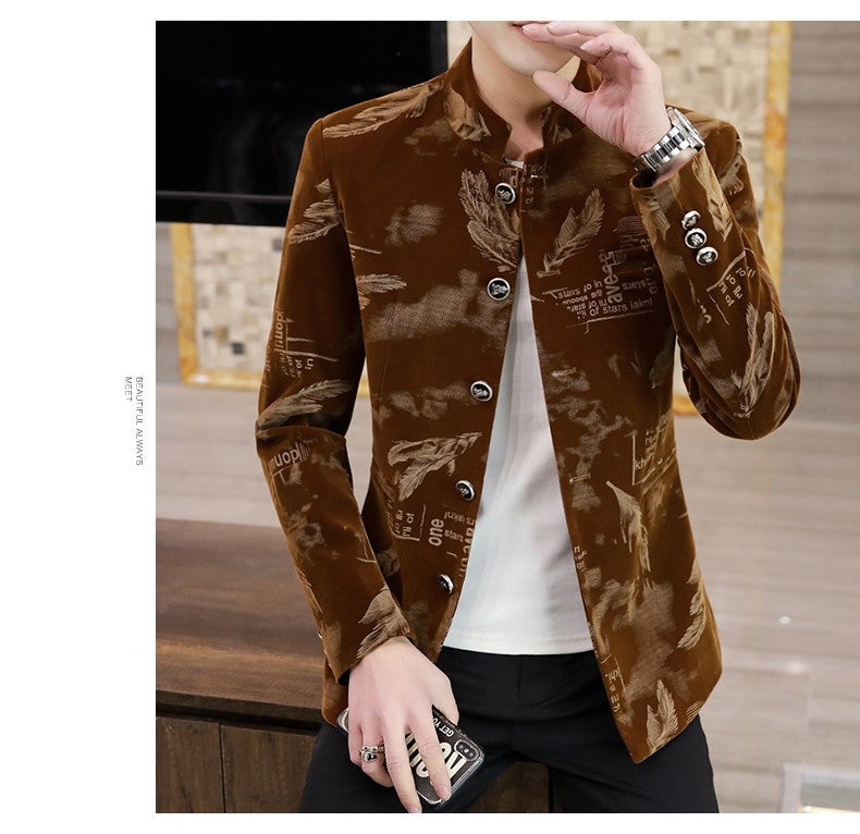 Luxury Retro Velvet Suit Jacket for Men Fashion Slim Fit Stand Collar Blazer Masculino Casual Business Wedding Dress Coat