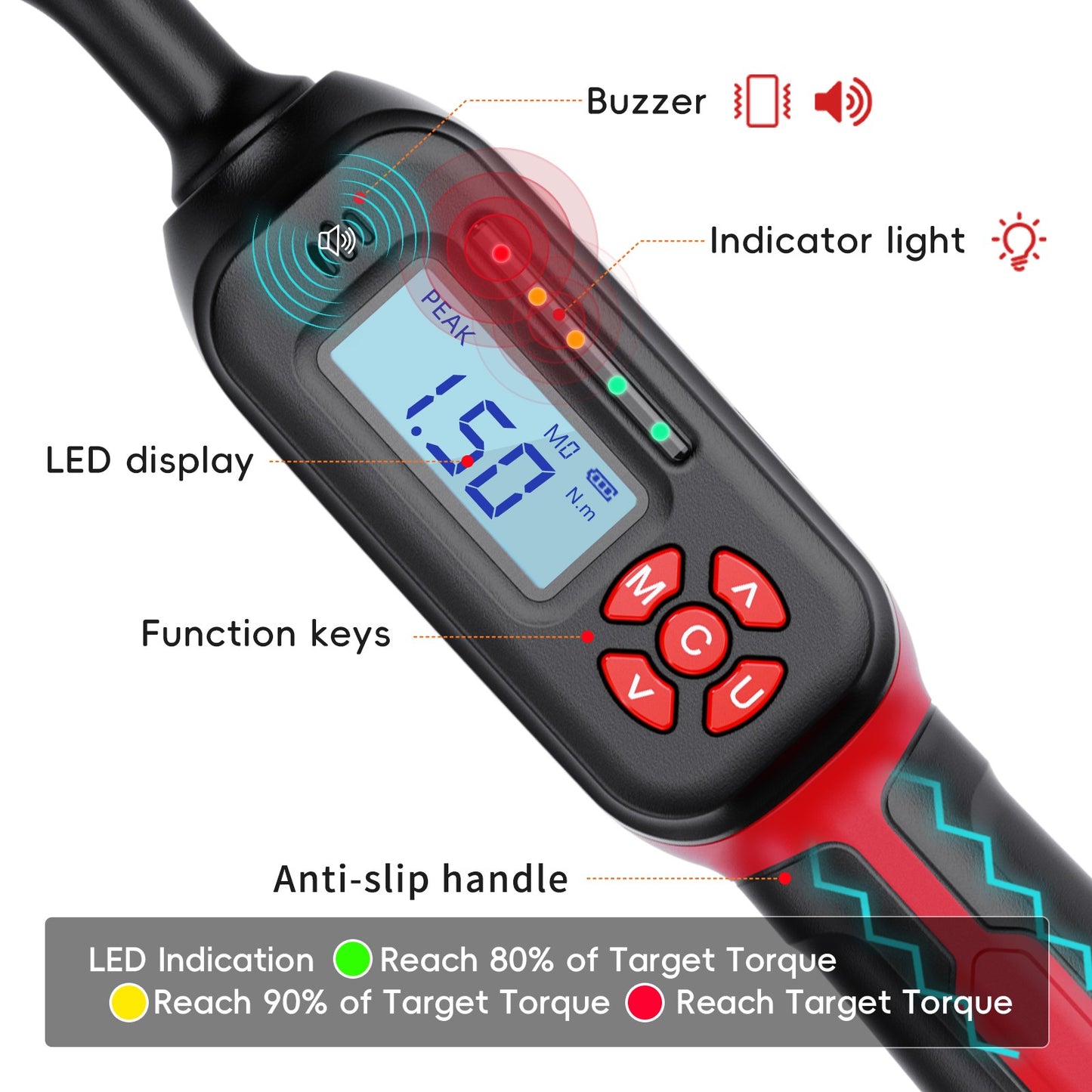 Chave de Torque Digital MoveCrab 0.6-340Nm ±2% Alta Precisão Catraca Bidirecional Alarme Sonoro e LED para Medição de Precisão