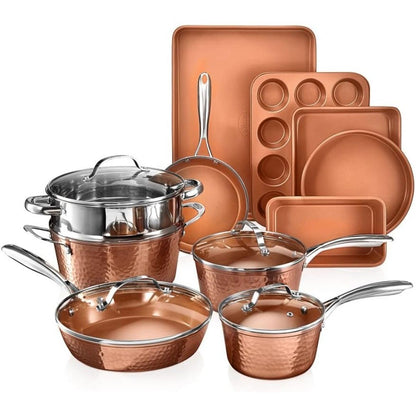 Conjunto de Utensílios de Cozinha de 15 Peças Gotham Steel Cerâmica Antiaderente Martelado com Panelas Fundas, Frigideiras, Assadeiras e Panela para Fritura Funda de Cobre