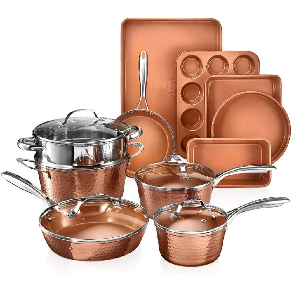 Conjunto de Utensílios de Cozinha de 15 Peças Gotham Steel Cerâmica Antiaderente Martelado com Panelas Fundas, Frigideiras, Assadeiras e Panela para Fritura Funda de Cobre