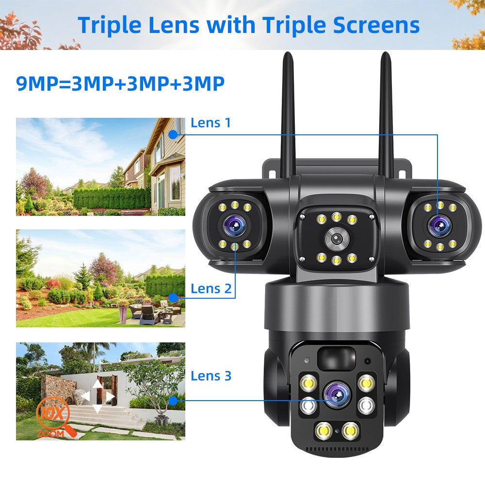 Câmera Solar WiFi Full HD 9MP 3 Telas 3 Lentes Zoom 10X Câmera com Detecção Humana PIR Vigilância Visão Noturna Proteção de Segurança