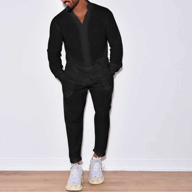 Europe and the United States men's new casual suit men's 100% cotton monochrome autumn fashion home loose long-sleeved shirt
