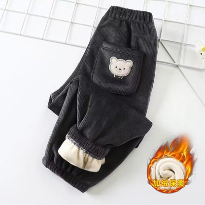 1pcs Boy Girl Winter Velvet Corduroy Kids Pants Little Bear Cartoon Mid Waist Warm Pantalones Baggy Thick Plush Children Trouser