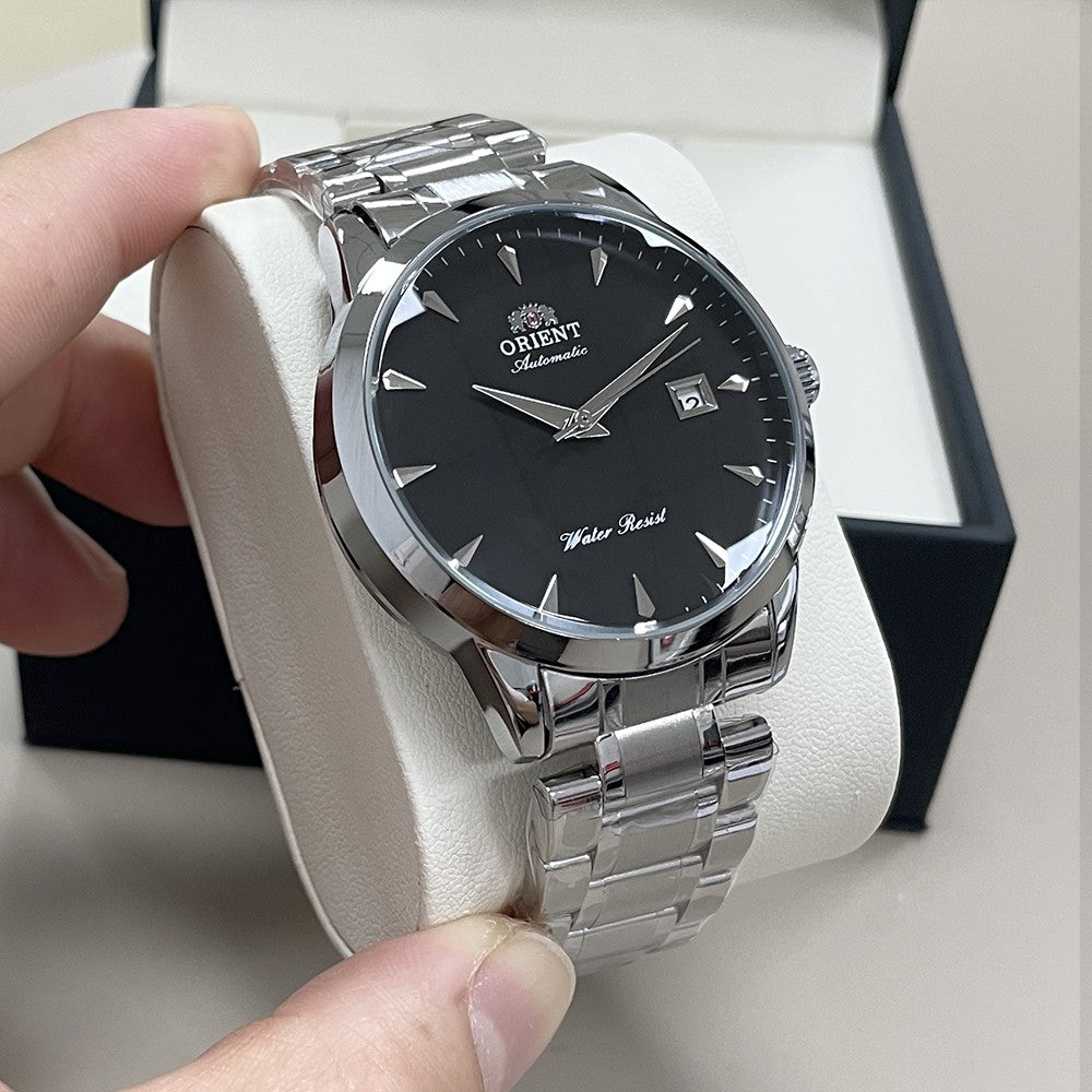 Orient Automático Masculino, Mostrador Preto, Pulseira de Aço Inoxidável, Relógio de Pulso Clássico de Negócios Resistente à Água com Exibição de Data