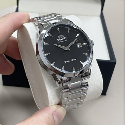 Orient Automático Masculino, Mostrador Preto, Pulseira de Aço Inoxidável, Relógio de Pulso Clássico de Negócios Resistente à Água com Exibição de Data