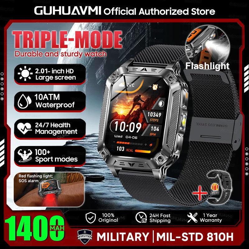 2026 Novo 1400mAh Bateria Grande Militar Ao Ar Livre 2.01 polegadas Smartwatch Masculino 10ATM À Prova D'água Chamada Bluetooth Relógio Inteligente Esportivo
