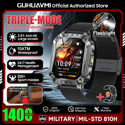 2026 Novo 1400mAh Bateria Grande Militar Ao Ar Livre 2.01 polegadas Smartwatch Masculino 10ATM À Prova D'água Chamada Bluetooth Relógio Inteligente Esportivo