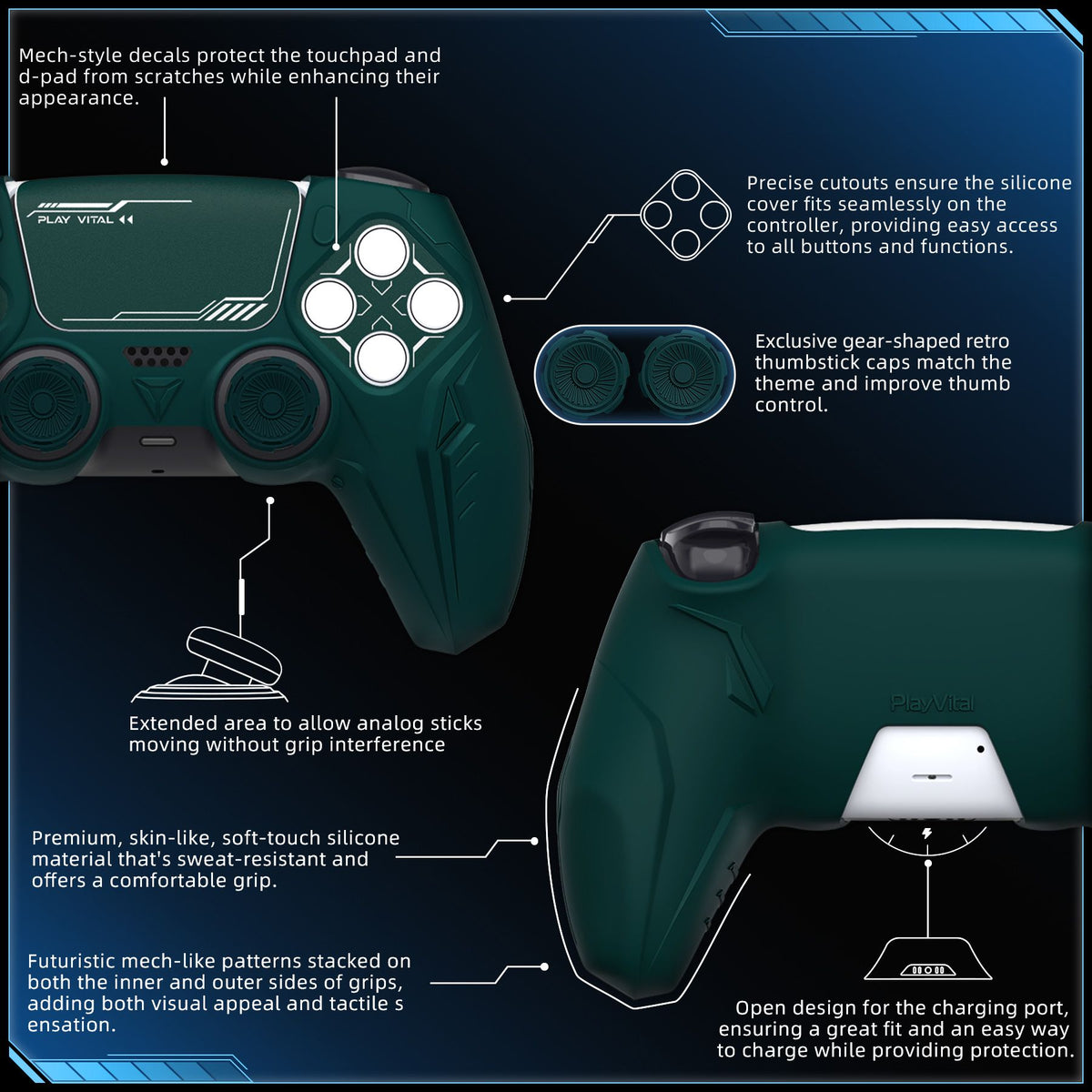 PlayVital Silicone Grip Case for PS5 Controller - Futuristic CyberMech Design Cover Compatible with PS5 Official Charging Dock