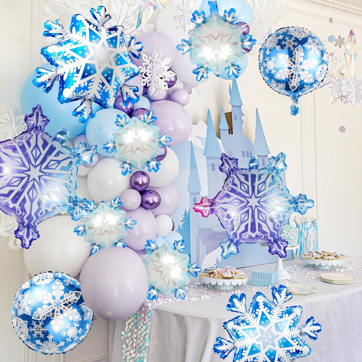 10pcs ice and snow theme snowflake aluminum foil balloons, winter Christmas New Year ice and snow wonderland decoration supplies