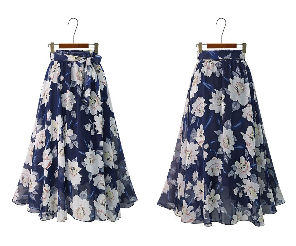 Plus Size Print Floral Skirt Women 2024 Summer Loose Elastic High Waist Chiffon Midi Skirts Lace Up Bow L-5XL Swing Jupe Femme