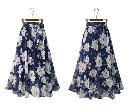 Plus Size Print Floral Skirt Women 2024 Summer Loose Elastic High Waist Chiffon Midi Skirts Lace Up Bow L-5XL Swing Jupe Femme