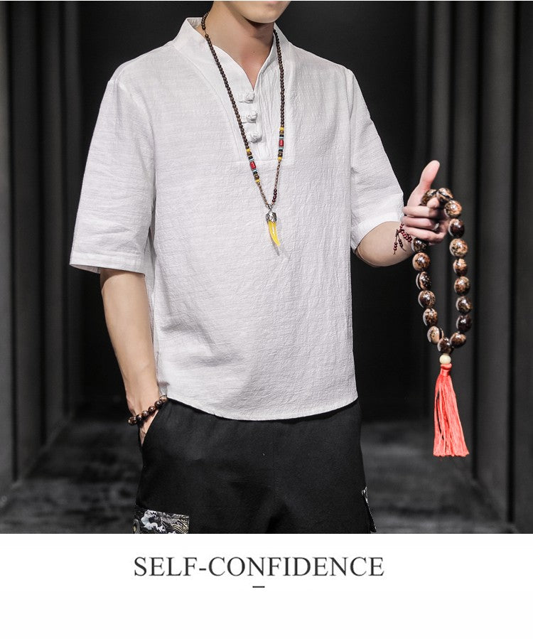 2023 Men Summer Cotton Linen Tang Shirt Men Chinese Style Button Short-Sleeved Shirts Male Blouse Vintage Kung Fu Hawaiian Shirt