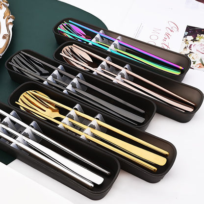 Drmfiy Western 6Set Black Dinnerware 304 Stainless Steel Tableware Long Handle Spoons Chopsticks Metal Korean Silverware Set