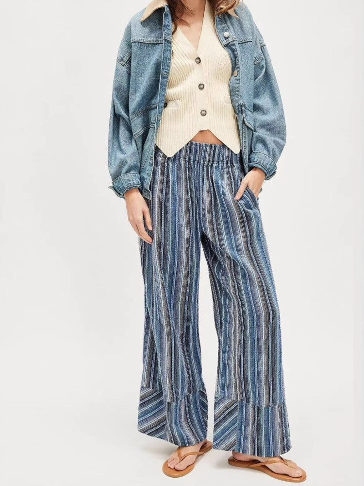 Fashion Printed Striped Wide-leg Long Pants Women's New Spring Autumn Loose Casual High-waisted Slimming Beach Long Pants Female