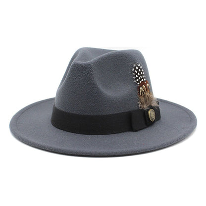 White Woolen Gentleman Classic British Jazz Feather Top Hat Wide Brim Party Church Wedding Fedora Hats Men Women Panama Felt Cap