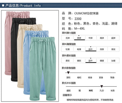 Cotton Linen Pants, Elastic Mid Waist Ankle Length Pant, Casual Women Loose Spring Pants, Female Slacks Size M-5XL 6XL 7XL 8XL