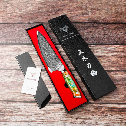 Conjunto de facas de cozinha SANMUZUO 2 peças - Série Xuan - Faca de Chef e Faca Nakiri em Aço Damasco VG10, Melhor Presente para Chefs - Cabo de Resina