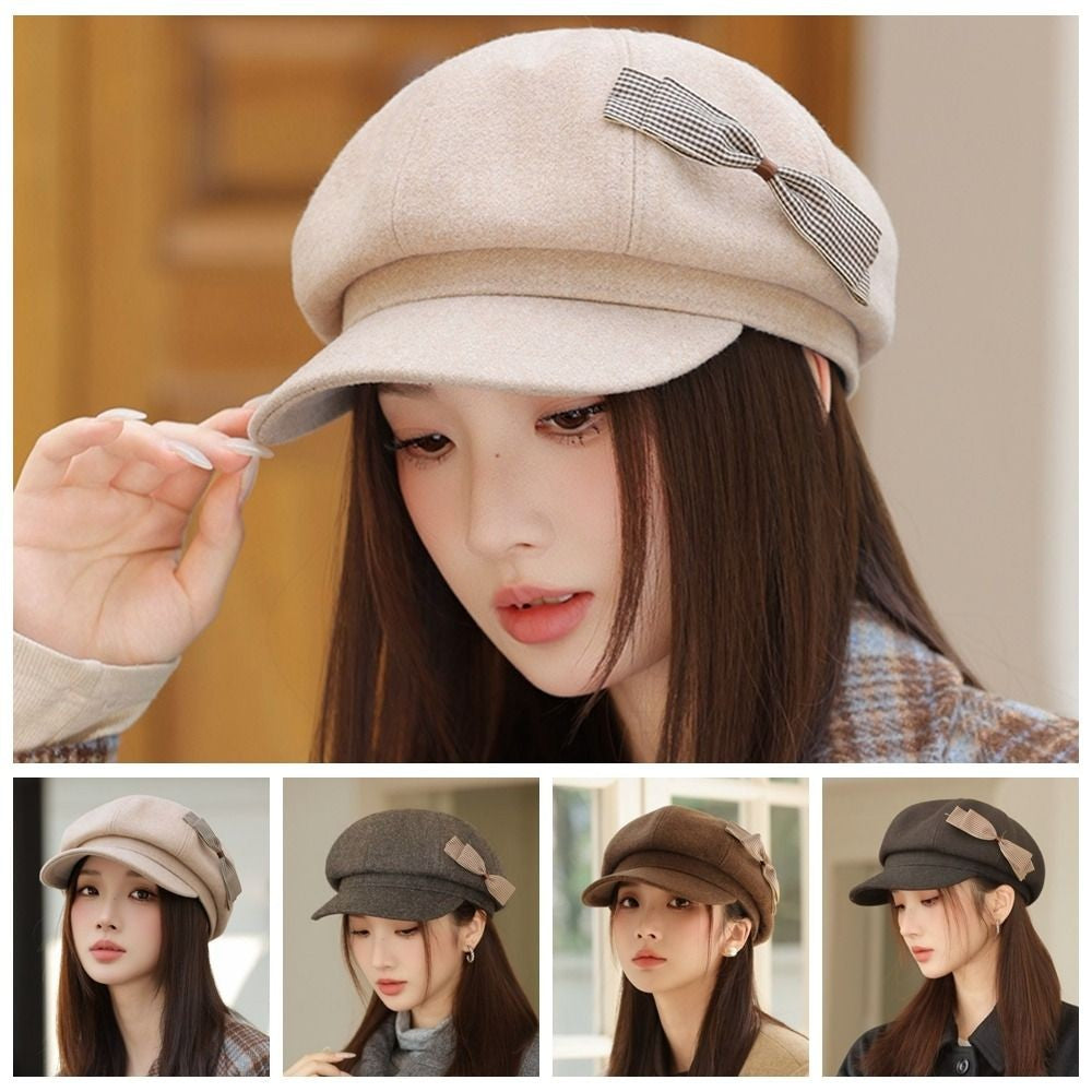 Retro Wool Bow Beret Solid Color Warm Painter Hat Versatile Y2k Newsboy Hat Female