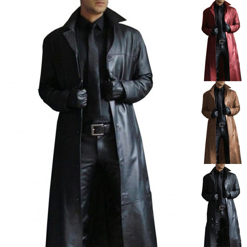 2025 Men Faux Leather Trench Fashion Long Sleeve Autumn Windbreaker Coat Slim Leather Long Leather Jacket Men's Jacket Outwear