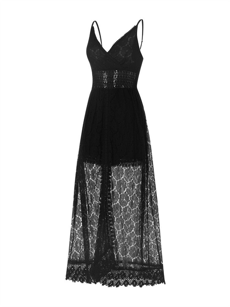 2025 Summer Women Lace Playsuit Dress Sleeveless V Neck Hollow Out Irregular Mid