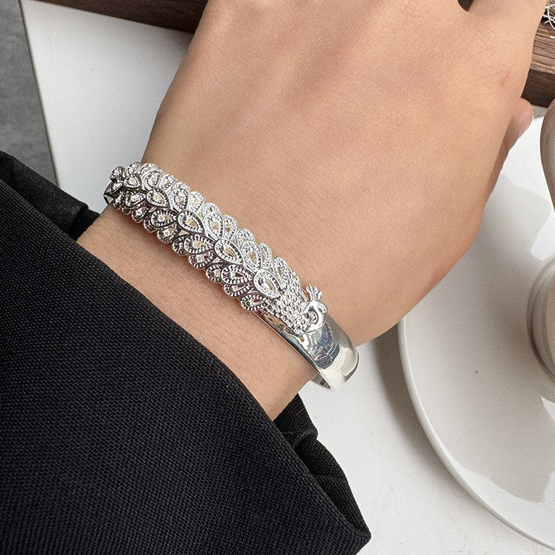 Pulseira Bracelete de Prata Esterlina 925 Pena Flor Dourada Vintage Punk Para Mulheres Homens Joias da Moda Presente Dropship Atacado