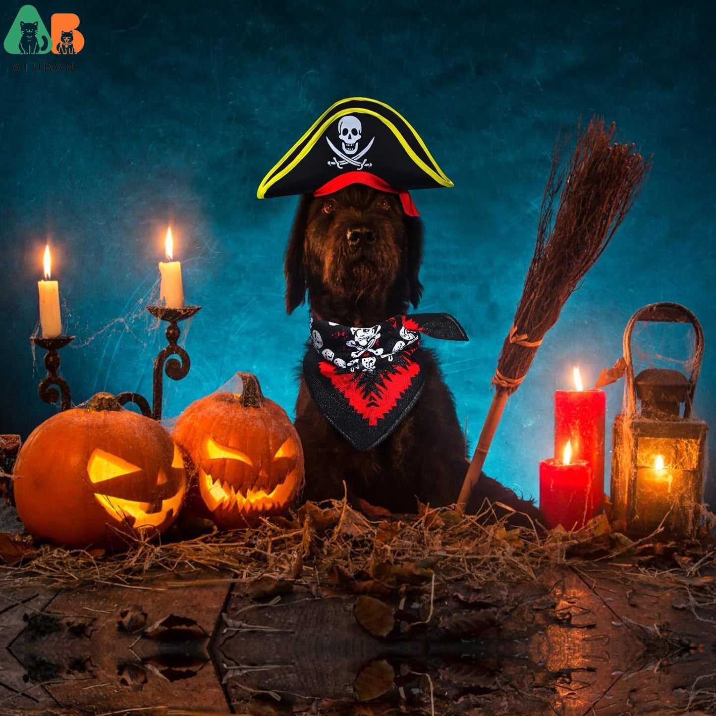 Chapéu de Pirata ATUBAN com Estampa de Caveira para Animais de Estimação com Bandana de Caveira para Cães e Gatos, Boné de Capitão, Fantasia de Pirata para Cosplay de Halloween, Festa de Halloween