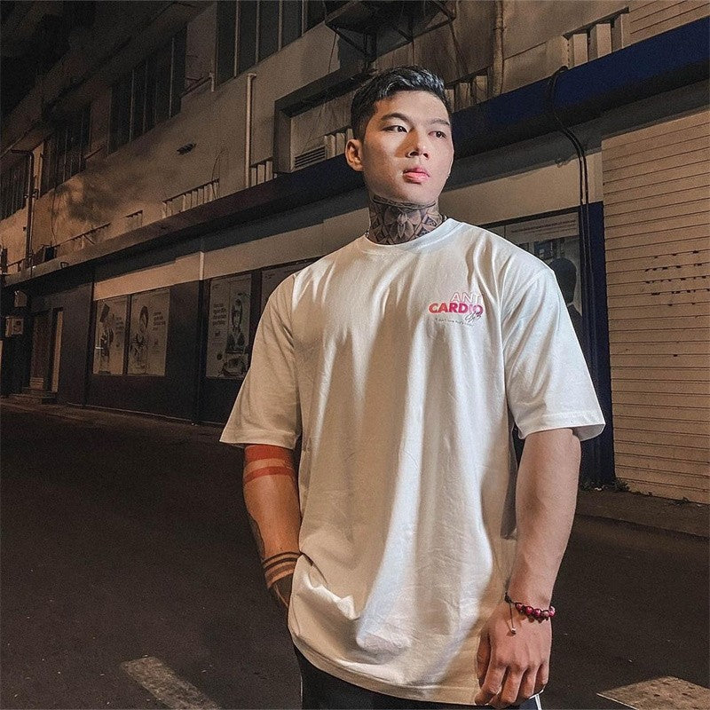 summer ANTI CARDIO Oversized sports t shirt short sleeves cotton t shirt Gym Fitness Male Training Workout Cotton Tees Tops