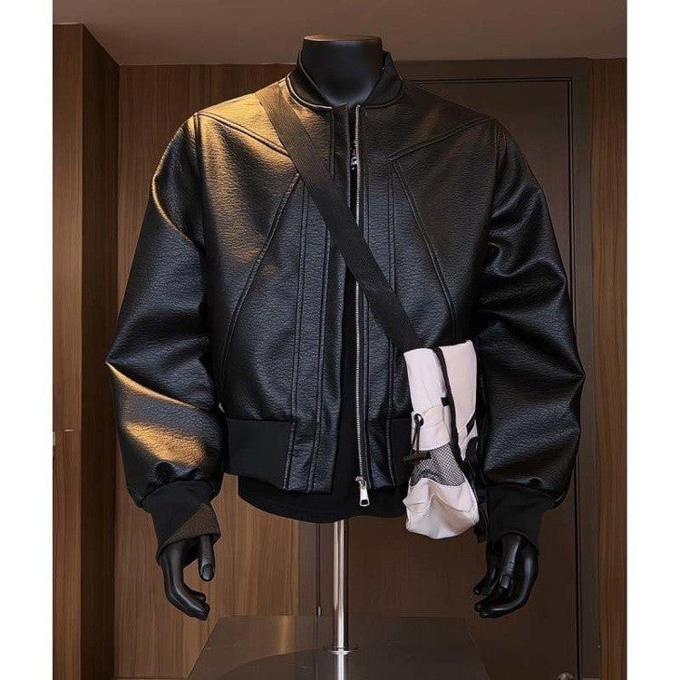 American Trend Retro Crack Leather Versatile Casual Jackets Stand Collar Leather Bomber 2025 Men's Fashion Commuter Leather Coat