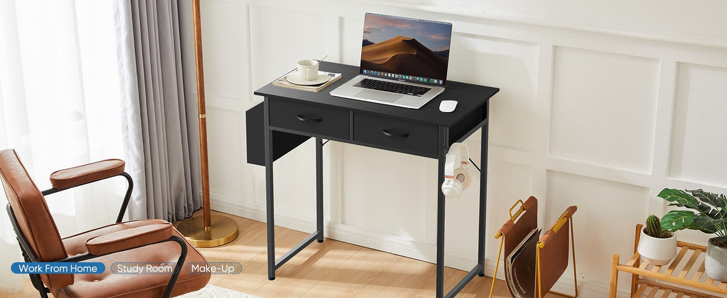 Mesa de computador moderna para escritório JHK 32 polegadas com gavetas de armazenamento de tecido, bolsa lateral, estrutura de metal e pés ajustáveis para mesa de PC doméstica
