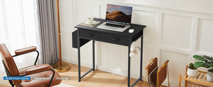 Mesa de computador moderna para escritório JHK 32 polegadas com gavetas de armazenamento de tecido, bolsa lateral, estrutura de metal e pés ajustáveis para mesa de PC doméstica