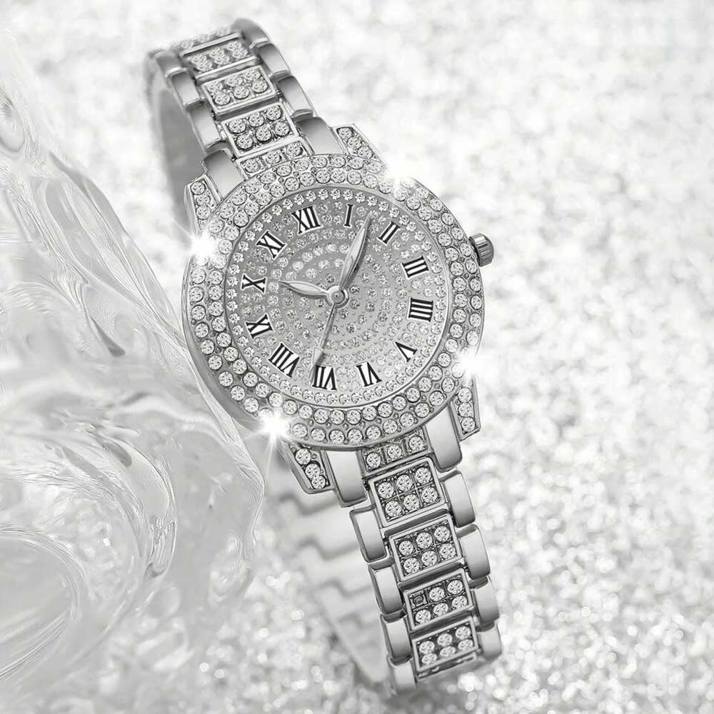 4PCS Luxury Women's Watch Set Trendy Fashion with Rhinestones Roman Numerals Round Dial Quartz watch Bracelet set Perfect Gift